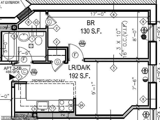 Floor plan of one of the studio apartments, which have a bathroom and a kitchenette.