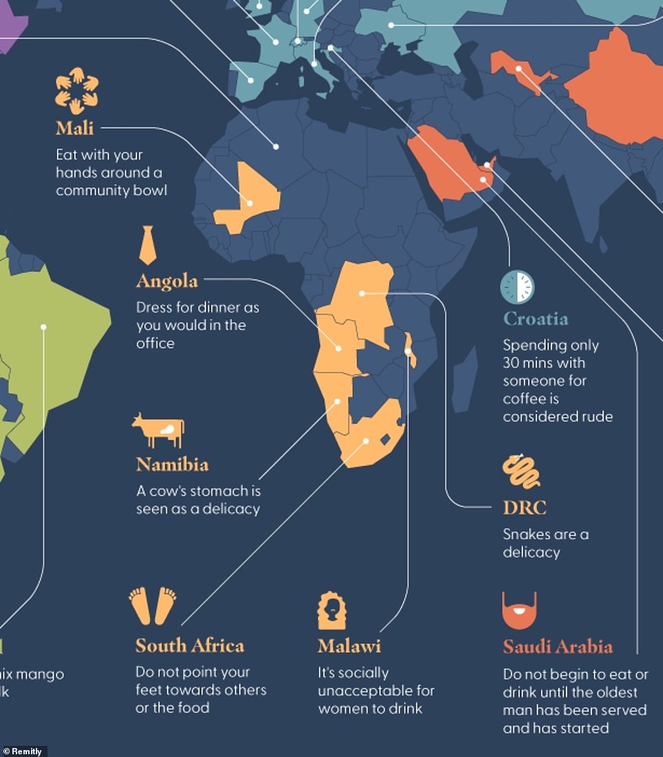 The map reveals several interesting rules of etiquette in Africa. In Angola, for example, you must wear business attire for dinner.