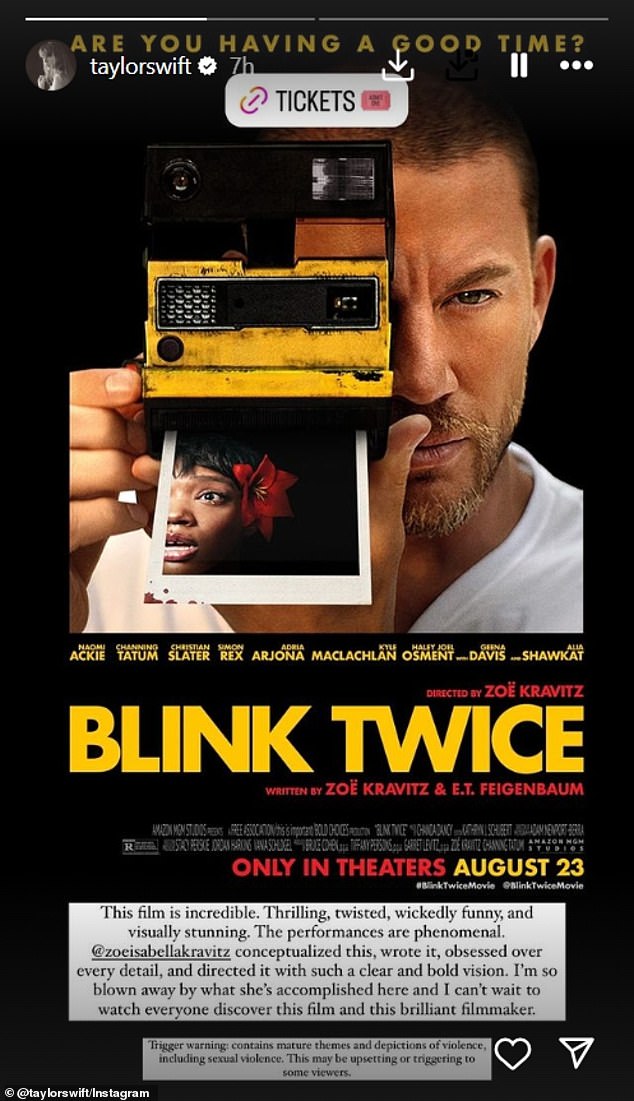 While she has sparked controversy for not promoting her longtime friend Blake Lively's new film, It Ends With Us, which features her 2020 song My Tears Ricochet, the pop star, 34, sweetly praised Zoe Kravitz for her directorial debut, Blink Twice.