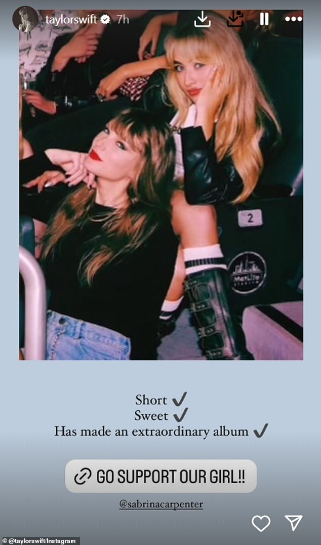 The billionaire also showed her support for Sabrina Carpenter, who released her sixth album Short 'n Sweet on Friday.