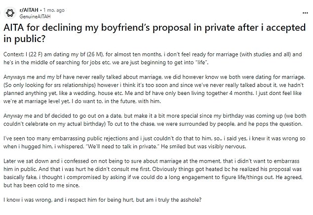 A post on the site's popular thread Am I an Idiot? details the experience of a woman who received a public proposal ten months into her relationship.