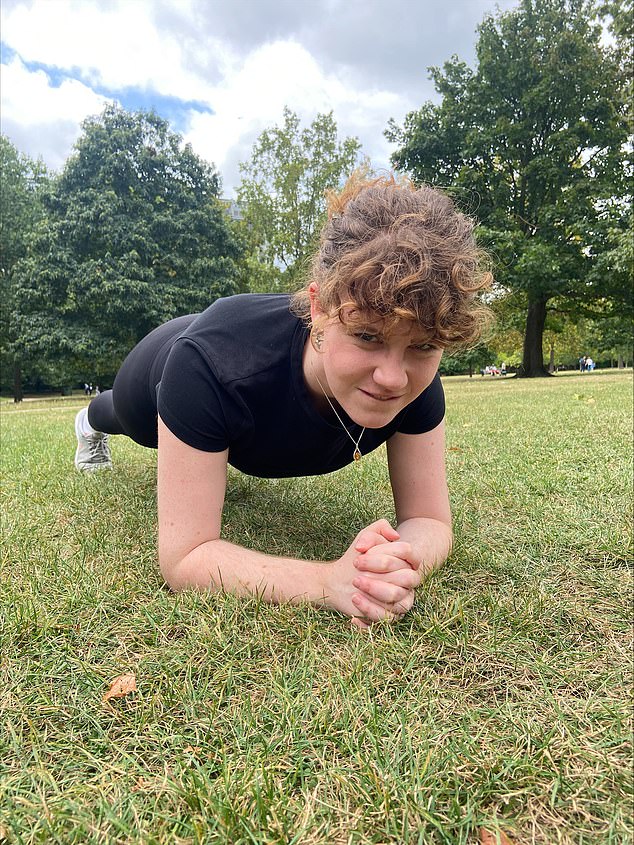 Steely: Poppy photographed herself holding the plank, later saying she was amazed at how long, over a minute, she managed to hold the position.