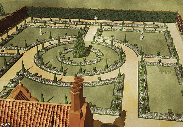 A preliminary rendering of the reconstructed garden shows topiaries trimmed into balls and pyramids in the garden.