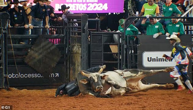 Jaxton Mortensen, one of three Americans competing in a bull riding event in Brazil, was nearly crushed after the bull slipped and crashed to the ground.