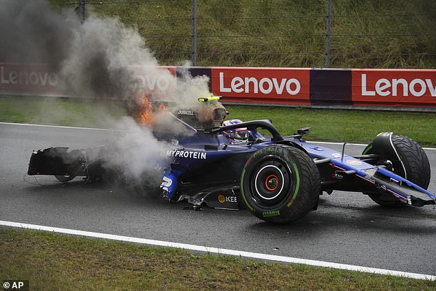 After contact with the barriers, the rear of Sargeant's Williams was engulfed in flames.