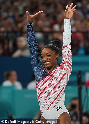 Simone Biles is seen in an American flag leotard at the Paris Olympics