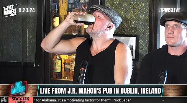 Pat McAfee drinks a pint of Guinness at a raucous live show filmed in Ireland on Friday