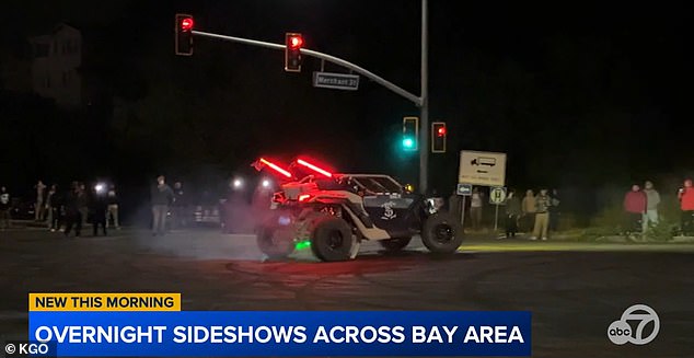 Footage from another sideshow in Crockett shows an all-terrain vehicle doing donuts.