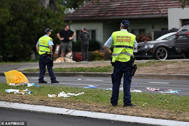 Authorities have closed the Princess Highway in both directions between Farnell Avenue and Loftus-Heathcote Road as police investigate the incident (pictured: police officers at the scene)