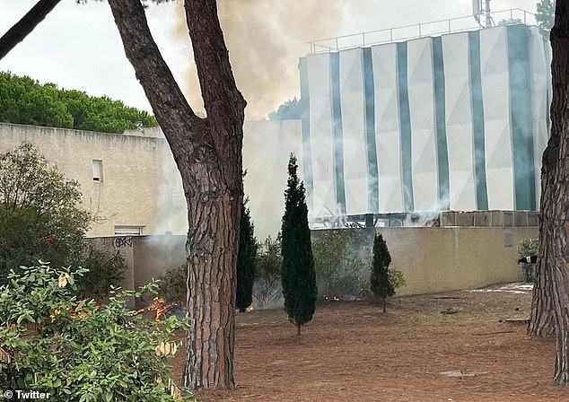 Firefighters, police and the Gendermerie arrived at the scene near the Beth Yaacov synagogue in La Grande-Motteat at around 8.40am local time (Photo: smoke rising into the air)