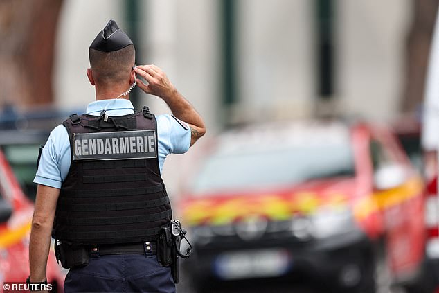 A Gendarmerie officer stands guard after cars were set on fire outside the city's synagogue.