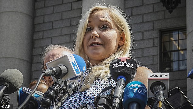 Virginia Roberts Giuffre speaks to reporters outside a Manhattan courthouse in 2019 following the death of Jeffrey Epstein in his jail cell.