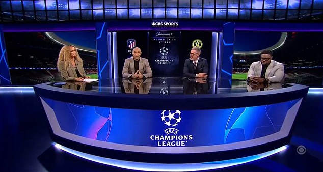 The former AC Milan star jokingly asked where Champions League presenters Kate Abdo (left), Thierry Henry (second from left) and Micah Richards (right) were.