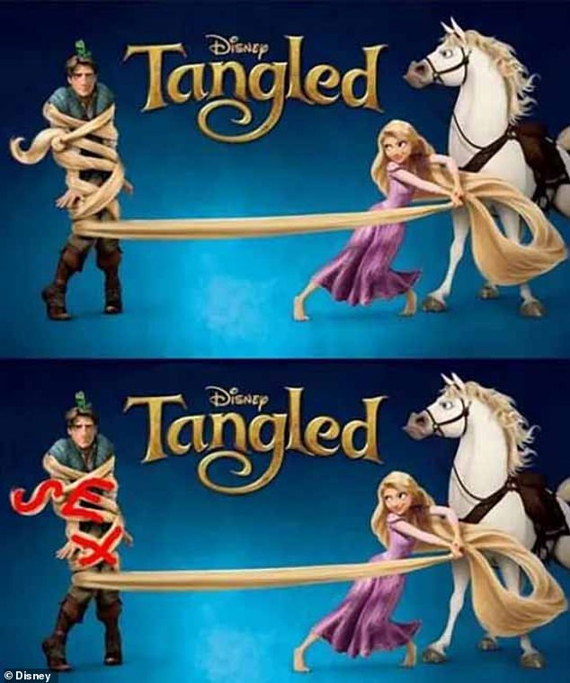 The 2010 Tangled poster shows Rapunzel using her long golden locks as a lasso to catch the handsome thief Flynn. However, fans believe the hair wrapped around her body is deliberately shaped to spell out 