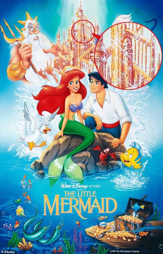 The promotional poster for The Little Mermaid shows Ariel, Prince Eric, Sebastian, Ursula, Flounder, and King Triton posing in front of the King's seaside palace. However, fans noticed some phallic features on the exterior.