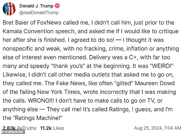 Trump made this post on Truth Social attacking Maureen Dowd on Sunday morning