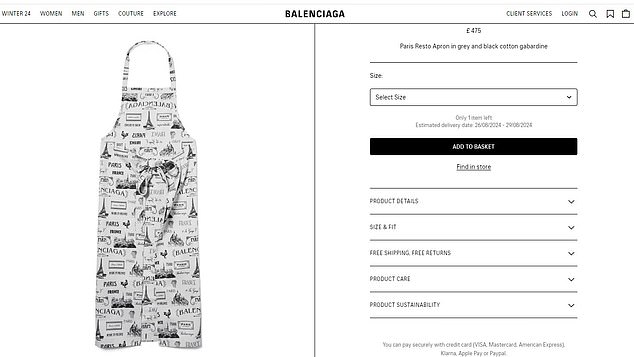 A Paris-themed apron from Balenciaga's Olympics range, complete with illustrations of the city's famous landmarks.