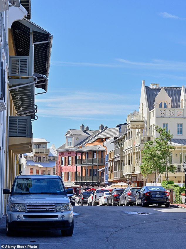 The popularity of the area has caused property prices to skyrocket: the median home price rose from $1.1 million in 2019 to a staggering $3 million this year in Rosemary Beach (pictured: Main Street in Rosemary Beach, Florida, on the Gulf Coast)