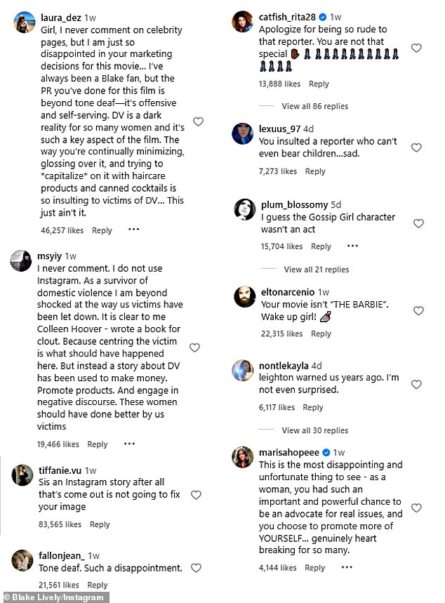 A look at the comments on Blake’s most recent Instagram post from August 8 reveals the substantial outrage fans have felt over her treatment of journalists, her snarky responses to questions about domestic violence in her film, and her flower-filled, Barbie-style promotion directly tied to her hair care and alcohol brands.