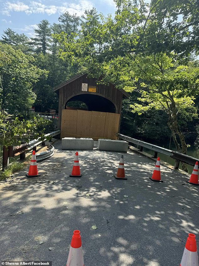 The bridge, which spans the Presumpscot River between Gorham and Windham, was originally built in 1840 and rebuilt in 1976 after a fire. It is made of pine wood.