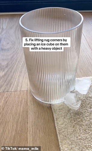 You can fix raised corners of carpet by placing an ice cube on them with a heavy object.