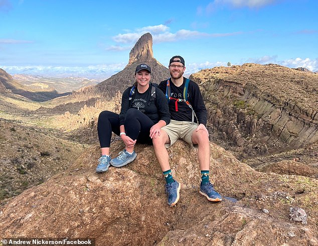 Her husband Andrew, seen here with Nickerson, was found by local rafters, along with more than 100 others who were swept away by the water.