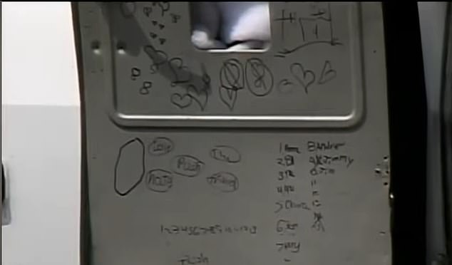 Pictured: Disturbing scribbles on the inside of the stolen vehicle that Mix used to abduct the five-year-old girl in June 2003