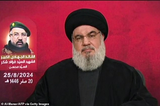 Lebanese Hezbollah chief Hassan Nasrallah delivers a televised speech from an undisclosed location, August 25.