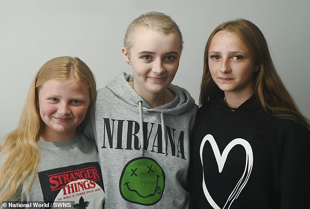 Faith, pictured with her sisters Isla, 10 (left), and Skye, 13 (right). Faith was found to have developed leukaemia caused by the intense chemotherapy she received when she was 13.