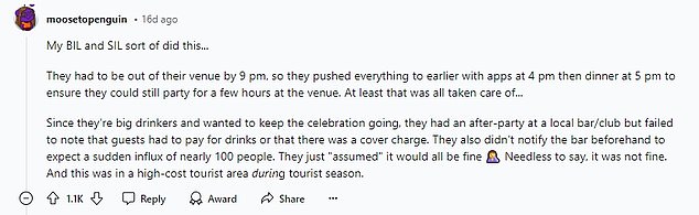 Others shared similar horror stories about poorly planned receptions.