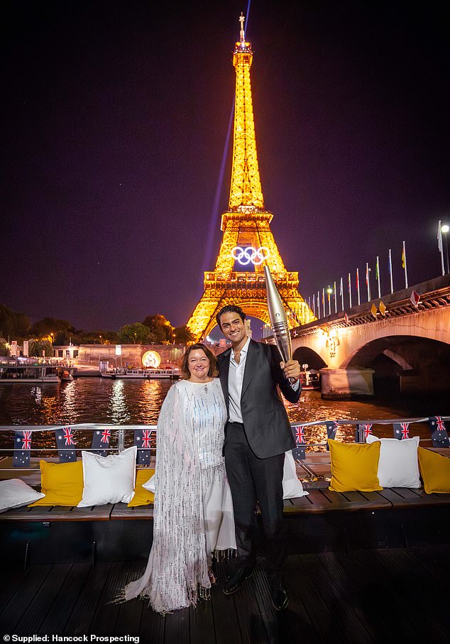 Ms Rinehart with Italian opera singer Matteo Bocelli during a party she hosted for Australian Olympians, whom she has helped fund to the tune of $80 million since 2012.