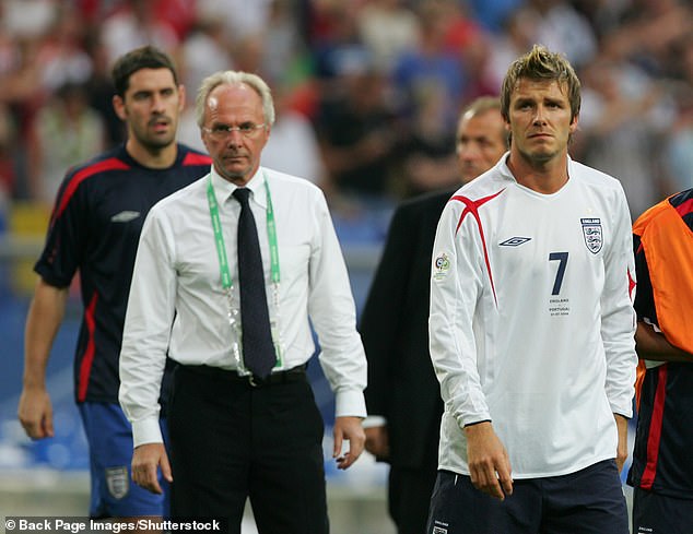 Eriksson resigned as England manager after the team were knocked out of the 2006 World Cup by Portugal in the quarter-finals (pictured with a dejected Beckham after the match).