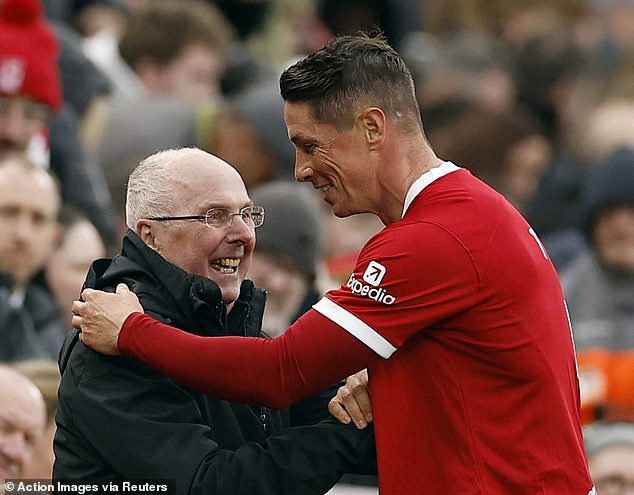 Sven Goran-Eriksson with Fernando Torres during the Liverpool Legends match in March, where he fulfilled his lifelong dream of coaching the Anfield side