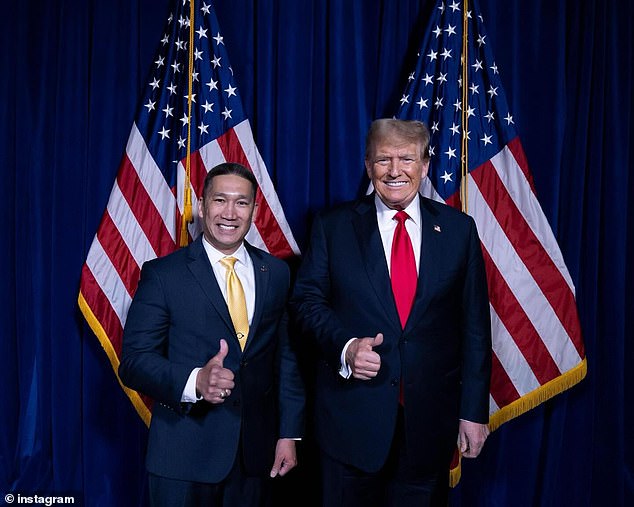 Cao, a Republican, will face Tim Kaine in the state Senate election in November. Trump, shown here with the candidate during a meeting this year, has emerged as one of his staunchest supporters.