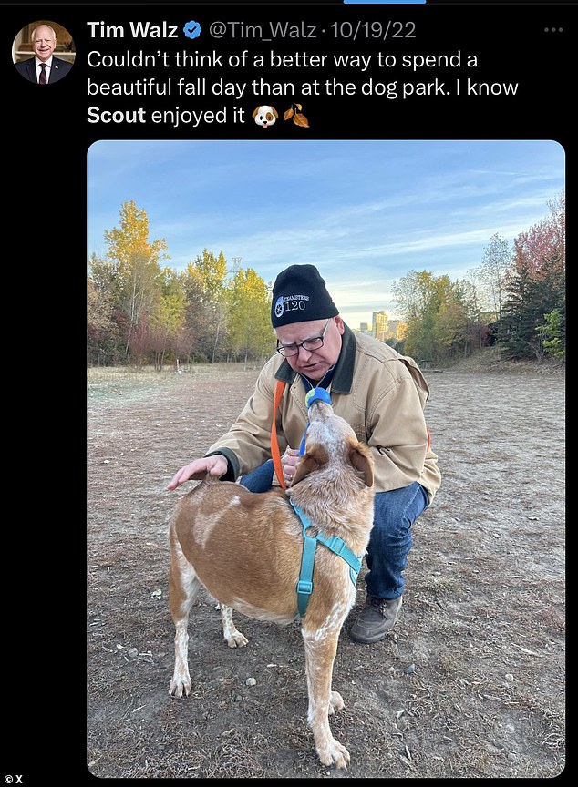 Meanwhile, the photo on the right was taken months later and showed Walz with a different dog. The caption read: 