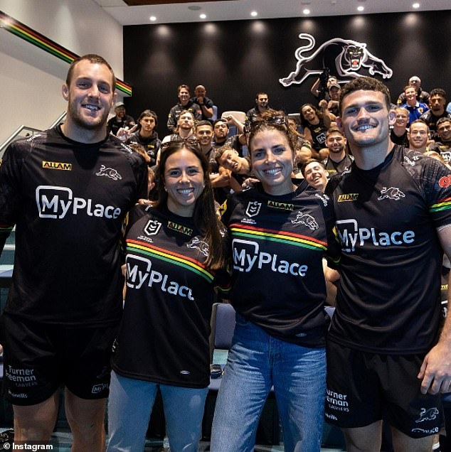 Jess and Noemie Fox visited Panthers headquarters to inspire the playing group ahead of the final (pictured with co-captains Isaah Yeo and Nathan Cleary)