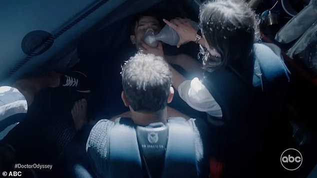 Another woman watches a man fall backwards and overboard into the ocean. Max and his medical team are seen boarding a smaller boat to rescue the passenger.