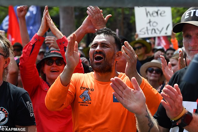 Mr Greenfield lost his job as head of the CFMEU NSW on Friday, after the union's construction and general branches were forced to accept a government-appointed administrator (pictured, protesters in Brisbane)