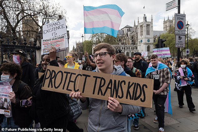 Transgender people and their supporters march through central London in protest against the ban on puberty blockers following the Cass report. Photo from April 20, 2024