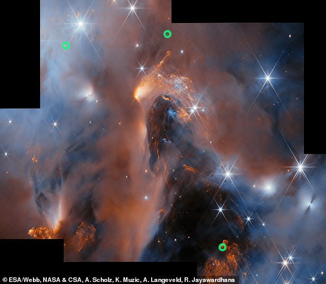 The green circles in this image highlight three of the rogue worlds that JWST discovered hiding within NGC1333.