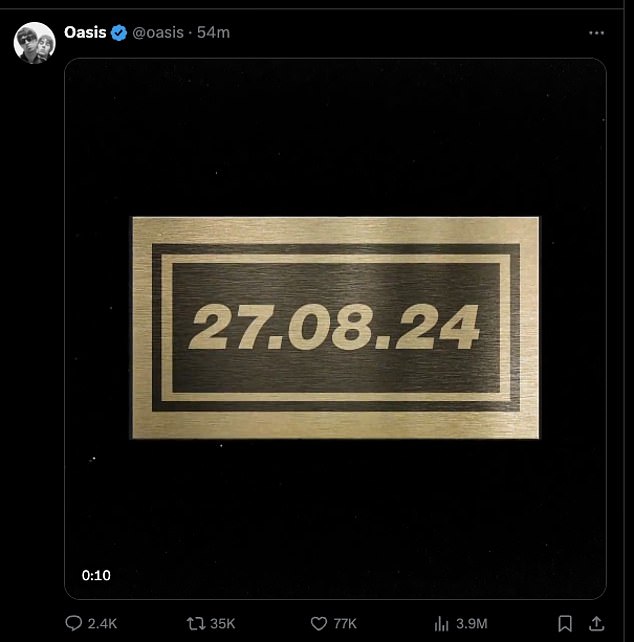 Oasis teased fans with this post in which they said an announcement would be made on August 27th at 8am