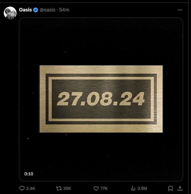 Oasis had teased fans with this post saying an announcement would be made on August 27th at 8am