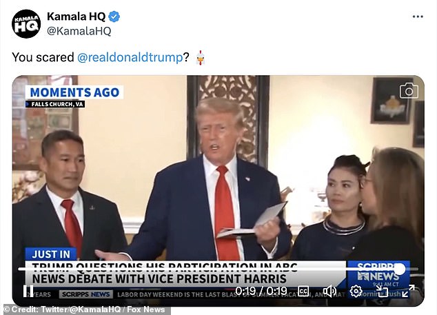 Kamala Harris' campaign called Trump a chicken for apparently trying to bypass the ABC debate on September 10. (Another image taken from Kamala HQ's X account)