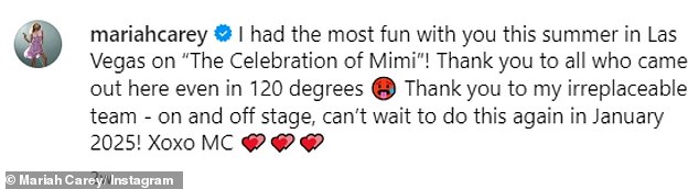 Sharing a photo on stage with all of her dancers and support crew, she wrote: 'Had so much fun with you guys this summer in Vegas at Mimi's Celebration!'