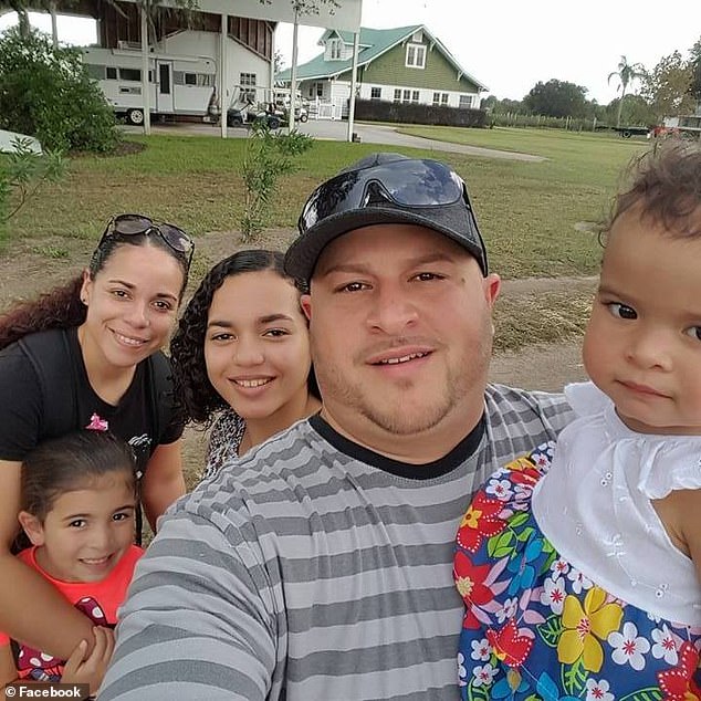 Luis Aldarondo Jr., 37, was the slain law enforcement worker. He is pictured with his wife, young son and daughter, and another family member.