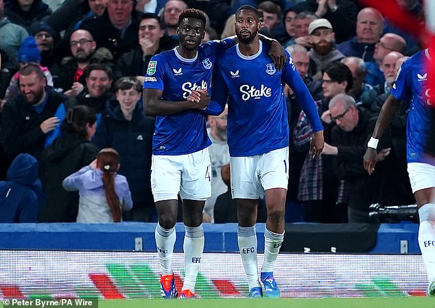 Beto (right) celebrates with teammate Tim Iroegbunam after scoring for Everton