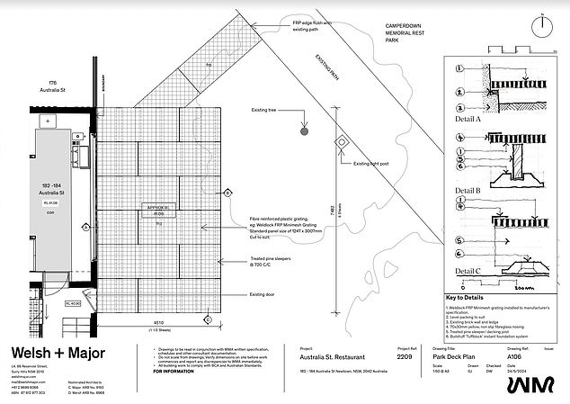 Locals were divided after the restaurant announced plans to build an eight-seat terrace (pictured) on 30 square metres of Camperdown Memorial Rest Park in Newtown.