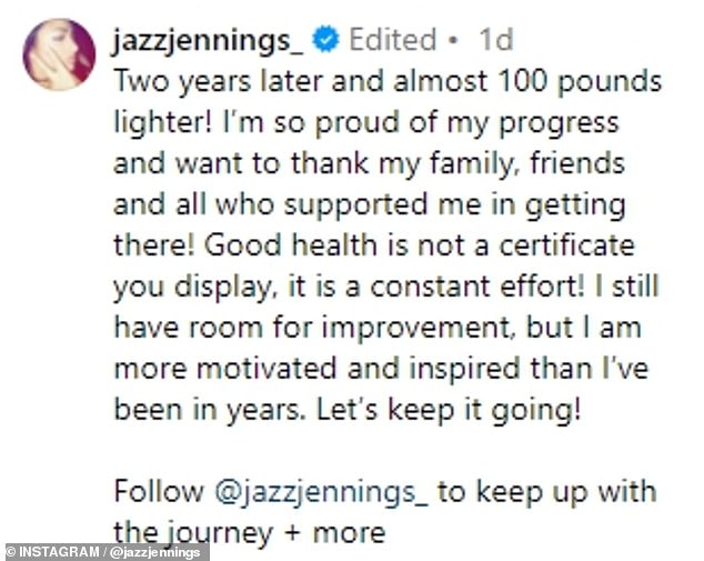 Jazz, who rose to fame on the series I Am Jazz, which documented her journey as a transgender person, wrote in the caption: 