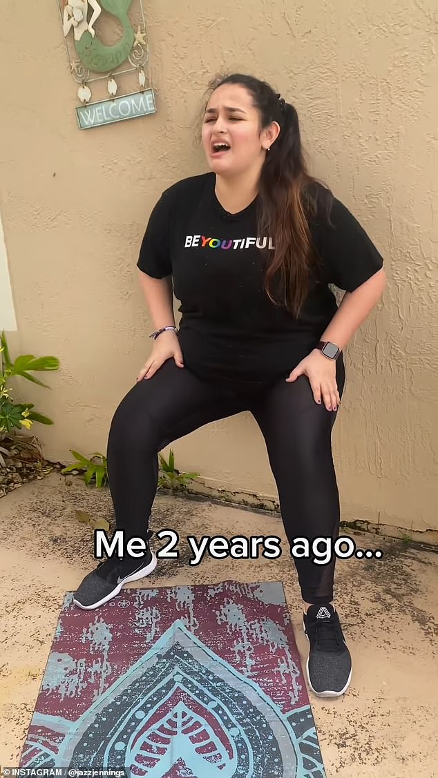 At another point in the video, titled 'Me 2 years ago', she is seen struggling to run and leaning against a wall.