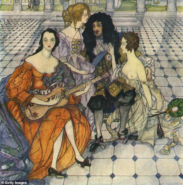 Representation of King Charles II with his lovers Nell Gwynn, Louise de Kérouaille and Hortense Mancini by the artist Kitty Shannon